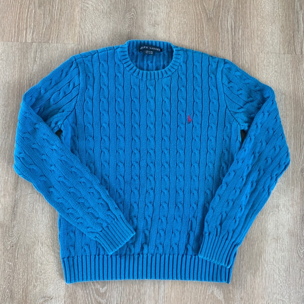 Ralph Lauren Turquoise Cable-Knit Crewneck Sweater with Pink Pony